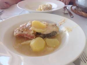 Fish, garlic (lots of it) and potato, yum!