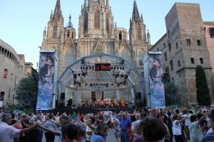 Sardana dancers in the foreground, then the stage with musicians and the impressing Cathedral in the background - superb!